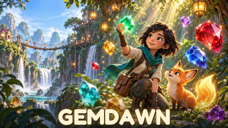 Gemdawn cover picture: a young gem-cutter and her fox among glowing gems