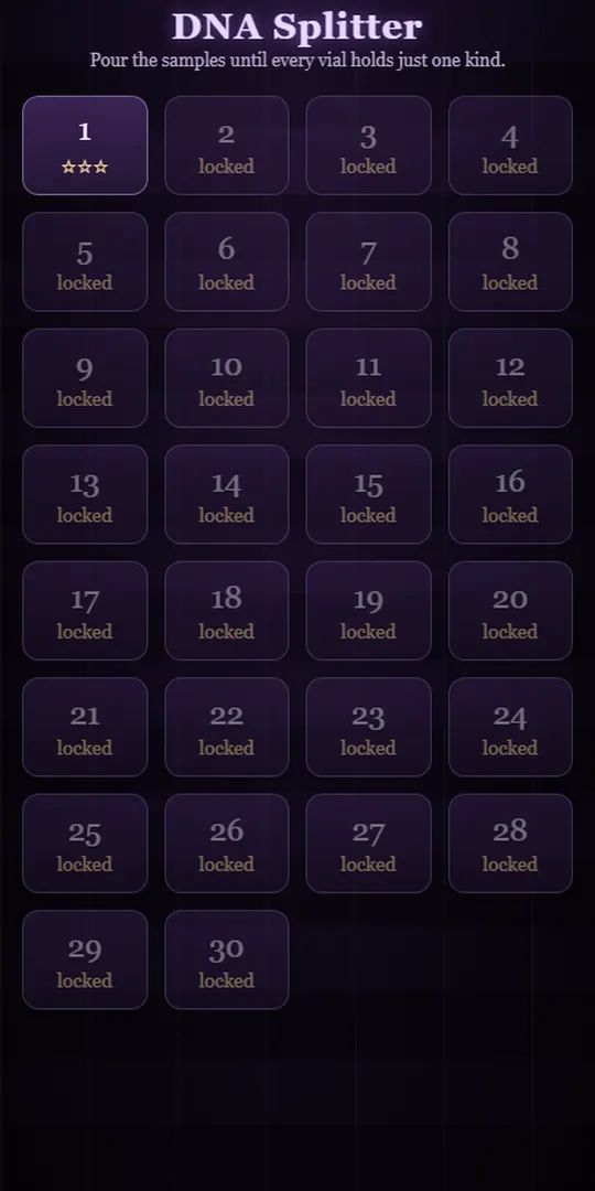 DNA Splitter level select: a grid of thirty numbered levels, the first unlocked
