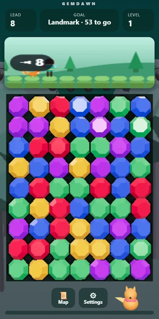 Gemdawn board: a grid of coloured gems with Mira running along a path above it
