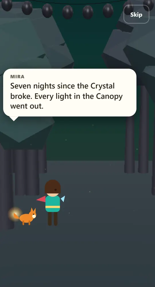 Gemdawn story scene: Mira the gem-cutter and her spark-fox Ember in a dark forest