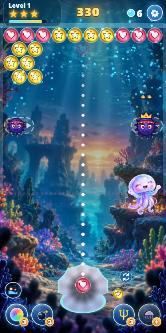 Pipcove level 1: rows of heart, star and arrow bubbles above a reef scene with Pip the jellyfish