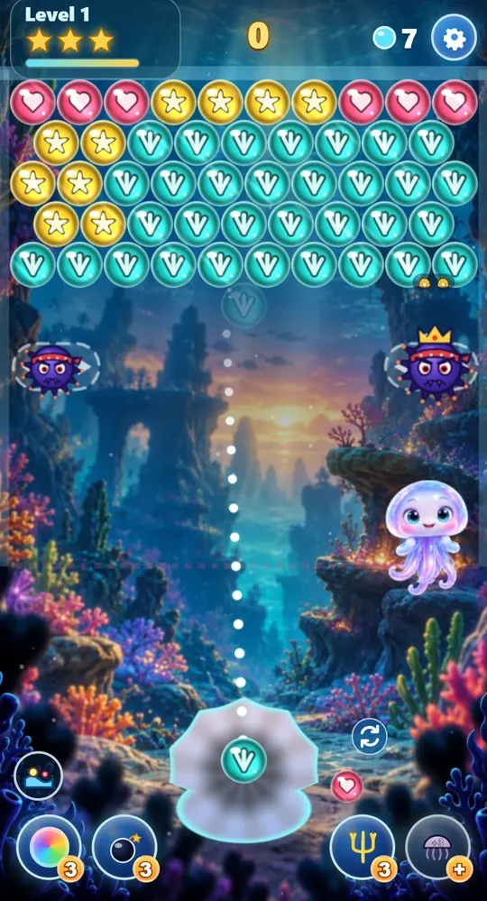 Pipcove at the start of a level, with the aiming line pointing up from the shell