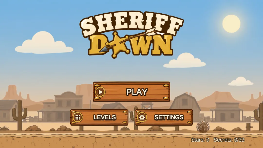 Sheriff Down title screen with the Play, Levels and Settings buttons in a desert town
