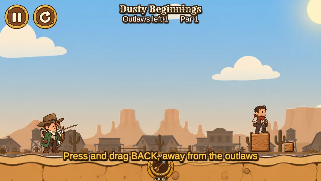 Sheriff Down first level: the archer on the left and an outlaw standing on a wooden crate on the right