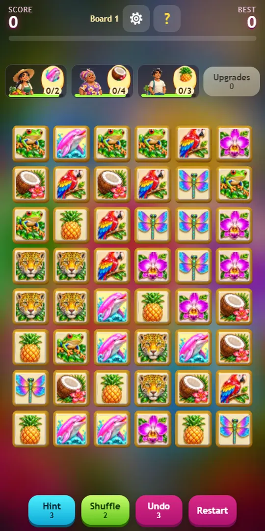 Tucano Tiles board: a grid of jungle tiles with three villagers asking for animals above it